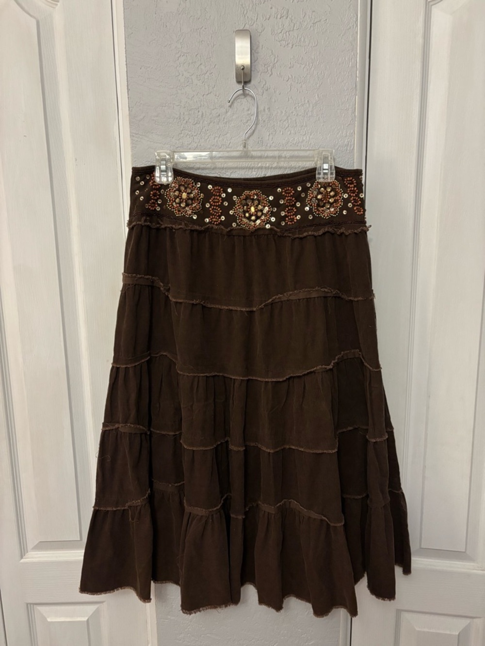 Vintage Y2K Brown Corduroy Tiered Midi Skirt Beaded Embellished Size M Boho